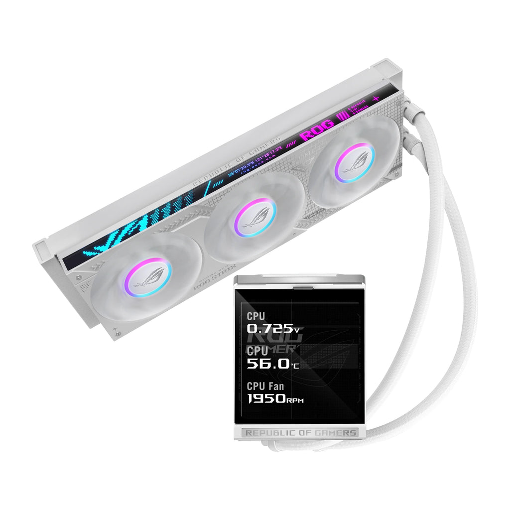 ASUS ROG Strix LC IV 360 ARGB LCD Blanc — vue de l’écran du watercooling AIO sur fond blanc carré — réf. 90RC01M2-B0EAY0