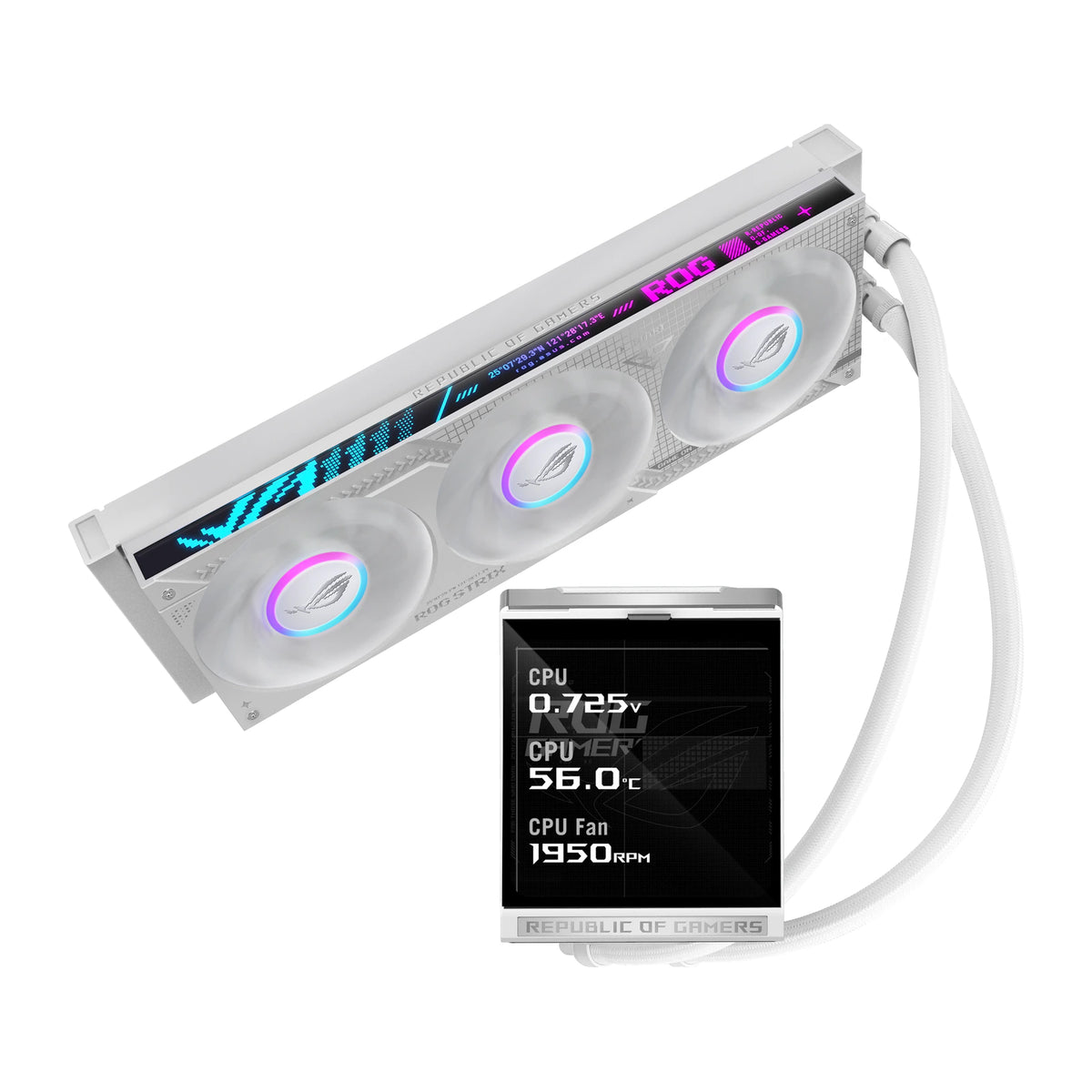ASUS ROG Strix LC IV 360 ARGB LCD Blanc — vue de l’écran du watercooling AIO sur fond blanc carré — réf. 90RC01M2-B0EAY0