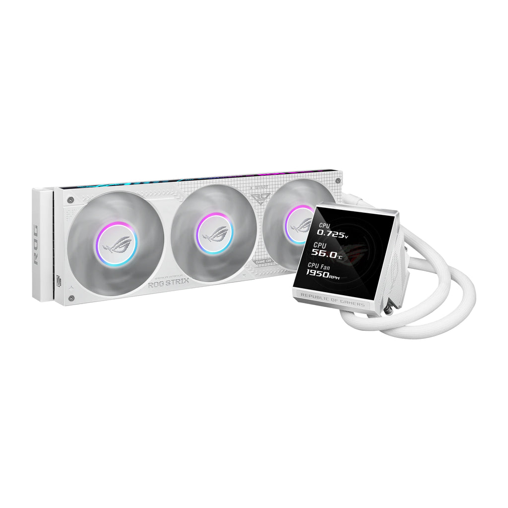 ASUS ROG Strix LC IV 360 ARGB LCD Blanc — vue de l’écran 2 du watercooling AIO sur fond blanc carré — réf. 90RC01M2-B0EAY0