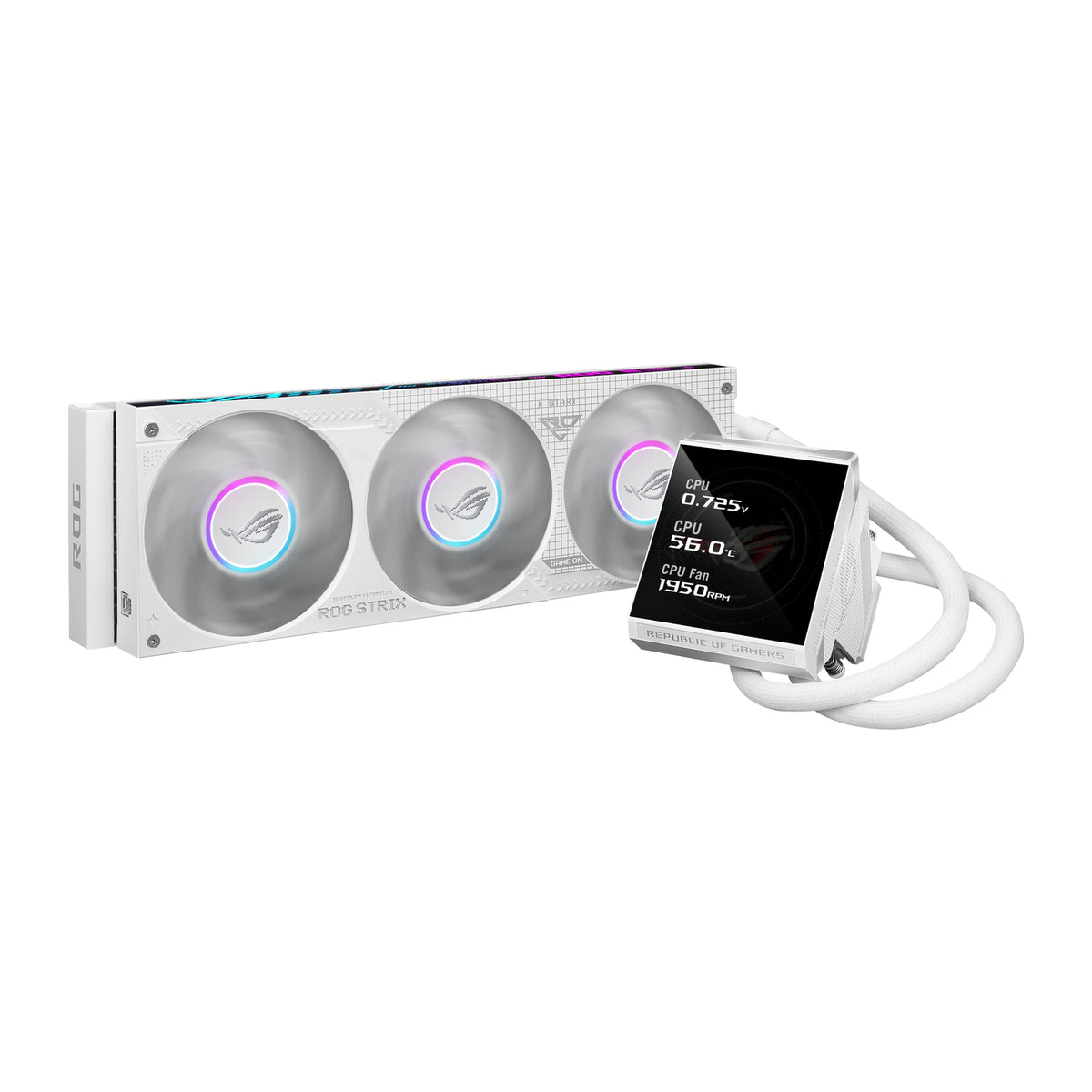 ASUS ROG Strix LC IV 360 ARGB LCD Blanc — vue de l’écran 2 du watercooling AIO sur fond blanc carré — réf. 90RC01M2-B0EAY0