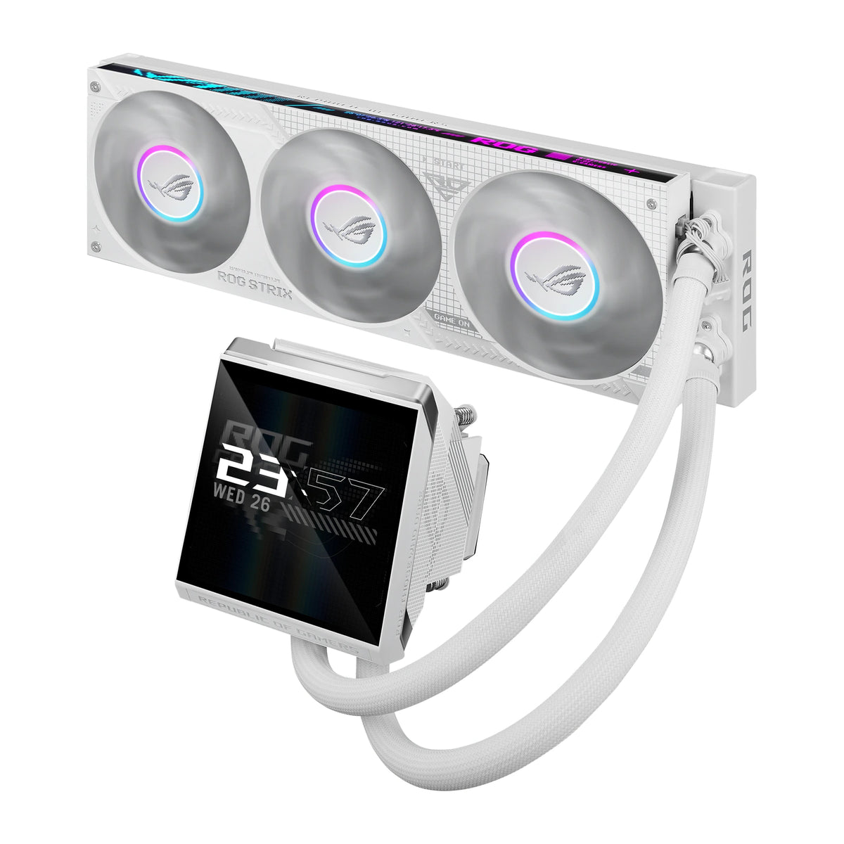 ASUS ROG Strix LC IV 360 ARGB LCD Blanc — vue latérale de la pompe du watercooling AIO sur fond blanc carré — réf. 90RC01M2-B0EAY0