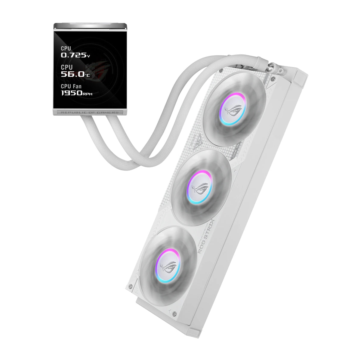 ASUS ROG Strix LC IV 360 ARGB LCD Blanc — vue de l’écran 3 du watercooling AIO sur fond blanc carré — réf. 90RC01M2-B0EAY0