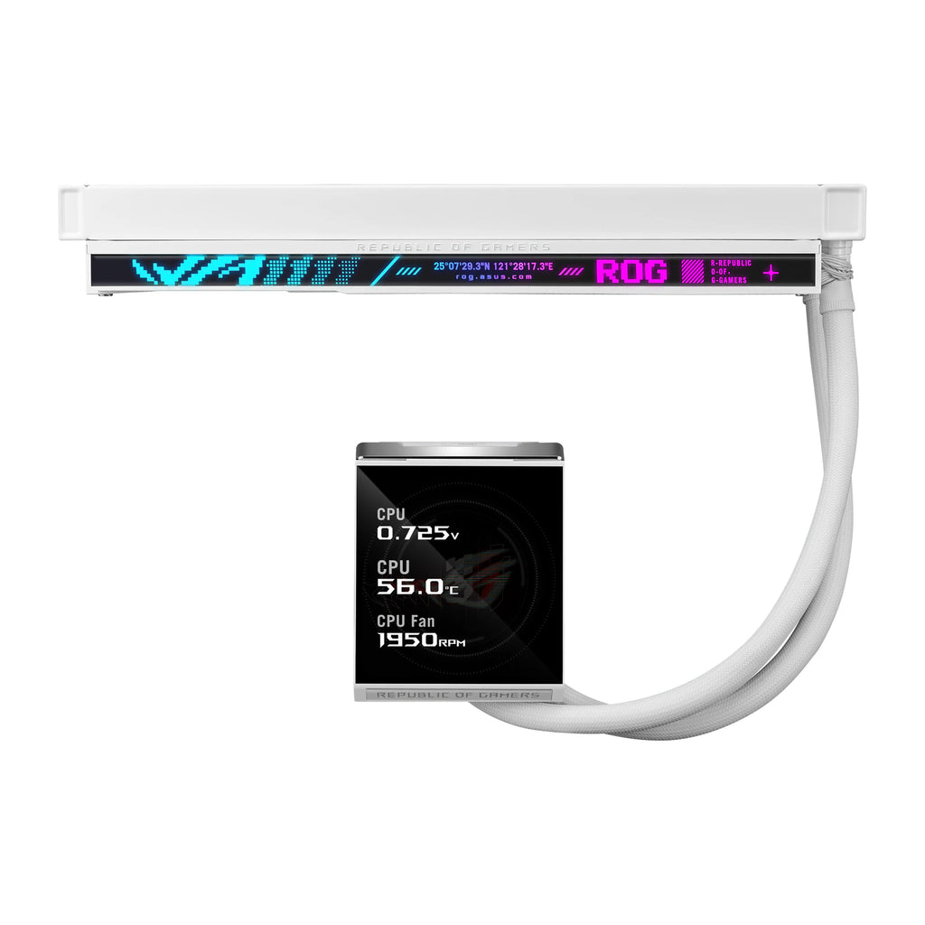 ASUS ROG Strix LC IV 360 ARGB LCD Blanc — vue de l’écran 4 du watercooling AIO sur fond blanc carré — réf. 90RC01M2-B0EAY0