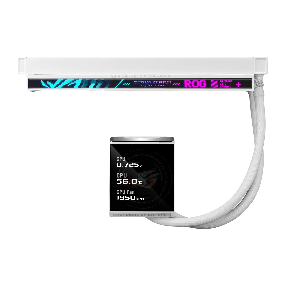 ASUS ROG Strix LC IV 360 ARGB LCD Blanc — vue de l’écran 4 du watercooling AIO sur fond blanc carré — réf. 90RC01M2-B0EAY0