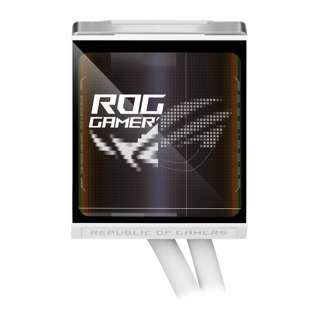 ASUS ROG Strix LC IV 360 ARGB LCD Blanc — vue de l’écran 5 du watercooling AIO sur fond blanc carré — réf. 90RC01M2-B0EAY0
