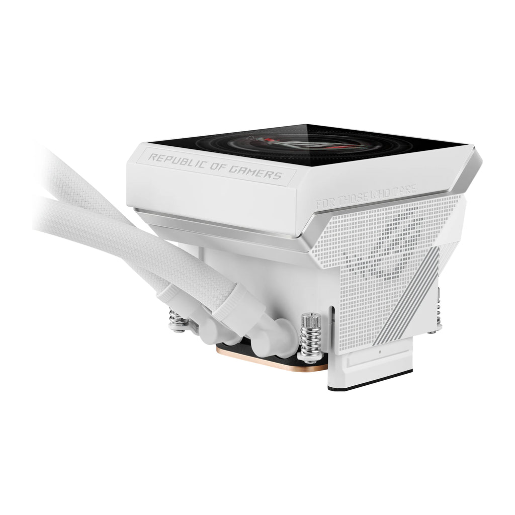 ASUS ROG Strix LC IV 360 ARGB LCD Blanc — vue de l’écran 6 du watercooling AIO sur fond blanc carré — réf. 90RC01M2-B0EAY0
