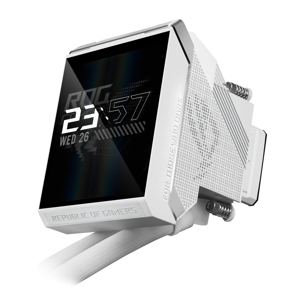 ASUS ROG Strix LC IV 360 ARGB LCD Blanc — vue de l’écran 7 du watercooling AIO sur fond blanc carré — réf. 90RC01M2-B0EAY0