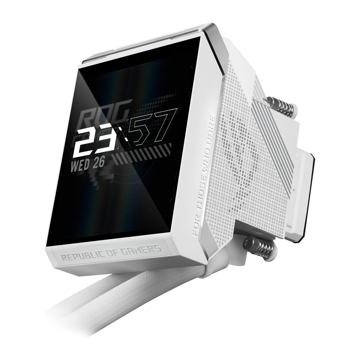 ASUS ROG Strix LC IV 360 ARGB LCD Blanc — vue de l’écran 7 du watercooling AIO sur fond blanc carré — réf. 90RC01M2-B0EAY0