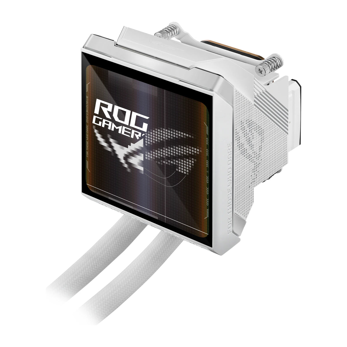 ASUS ROG Strix LC IV 360 ARGB LCD Blanc — vue latérale de la pompe 2 du watercooling AIO sur fond blanc carré — réf. 90RC01M2-B0EAY0