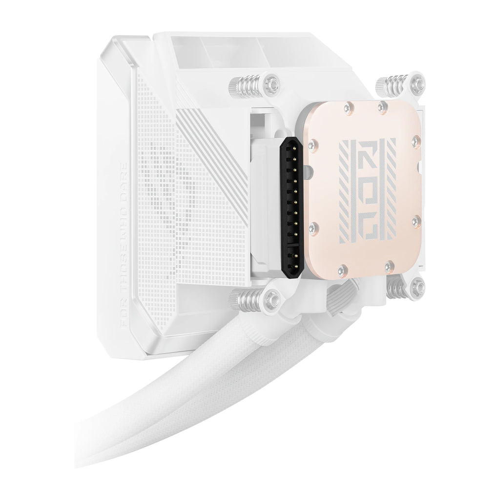 ASUS ROG Strix LC IV 360 ARGB LCD Blanc — vue latérale de la pompe 4 du watercooling AIO sur fond blanc carré — réf. 90RC01M2-B0EAY0