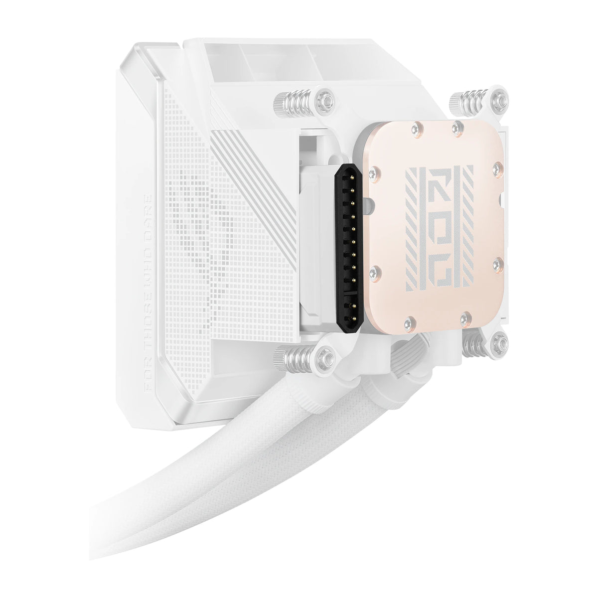 ASUS ROG Strix LC IV 360 ARGB LCD Blanc — vue latérale de la pompe 4 du watercooling AIO sur fond blanc carré — réf. 90RC01M2-B0EAY0