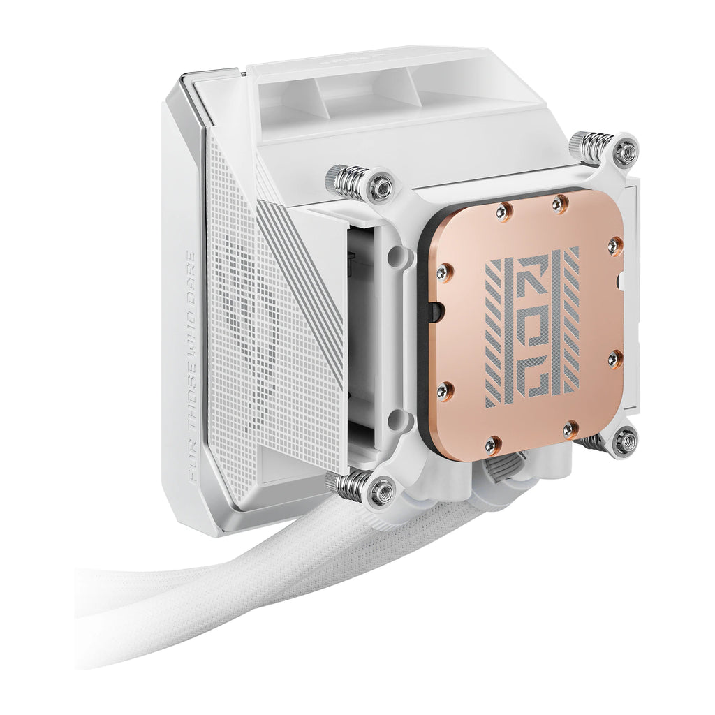 ASUS ROG Strix LC IV 360 ARGB LCD Blanc — vue latérale de la pompe 5 du watercooling AIO sur fond blanc carré — réf. 90RC01M2-B0EAY0