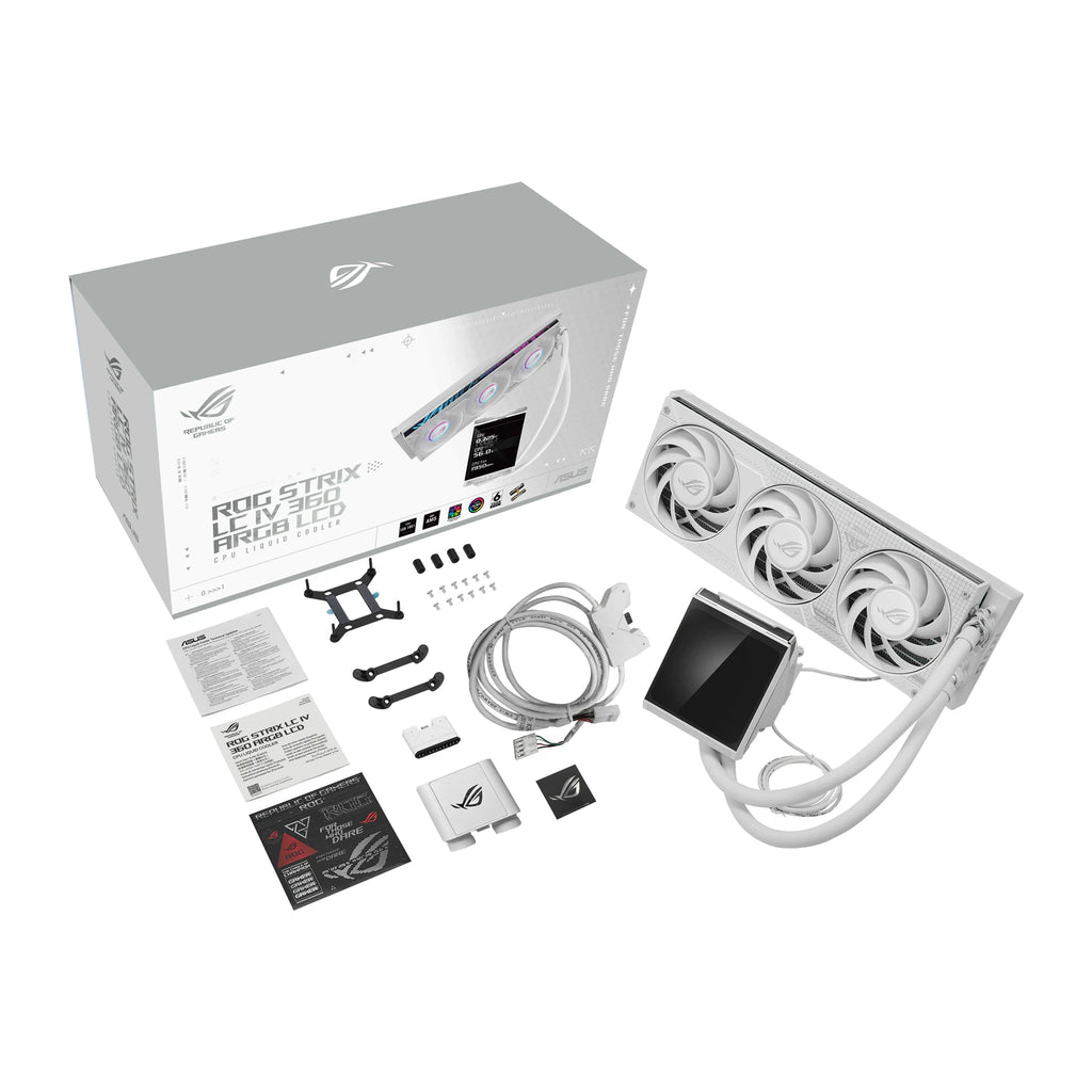 ASUS ROG Strix LC IV 360 ARGB LCD Blanc — contenu et accessoires du watercooling AIO sur fond blanc carré — réf. 90RC01M2-B0EAY0