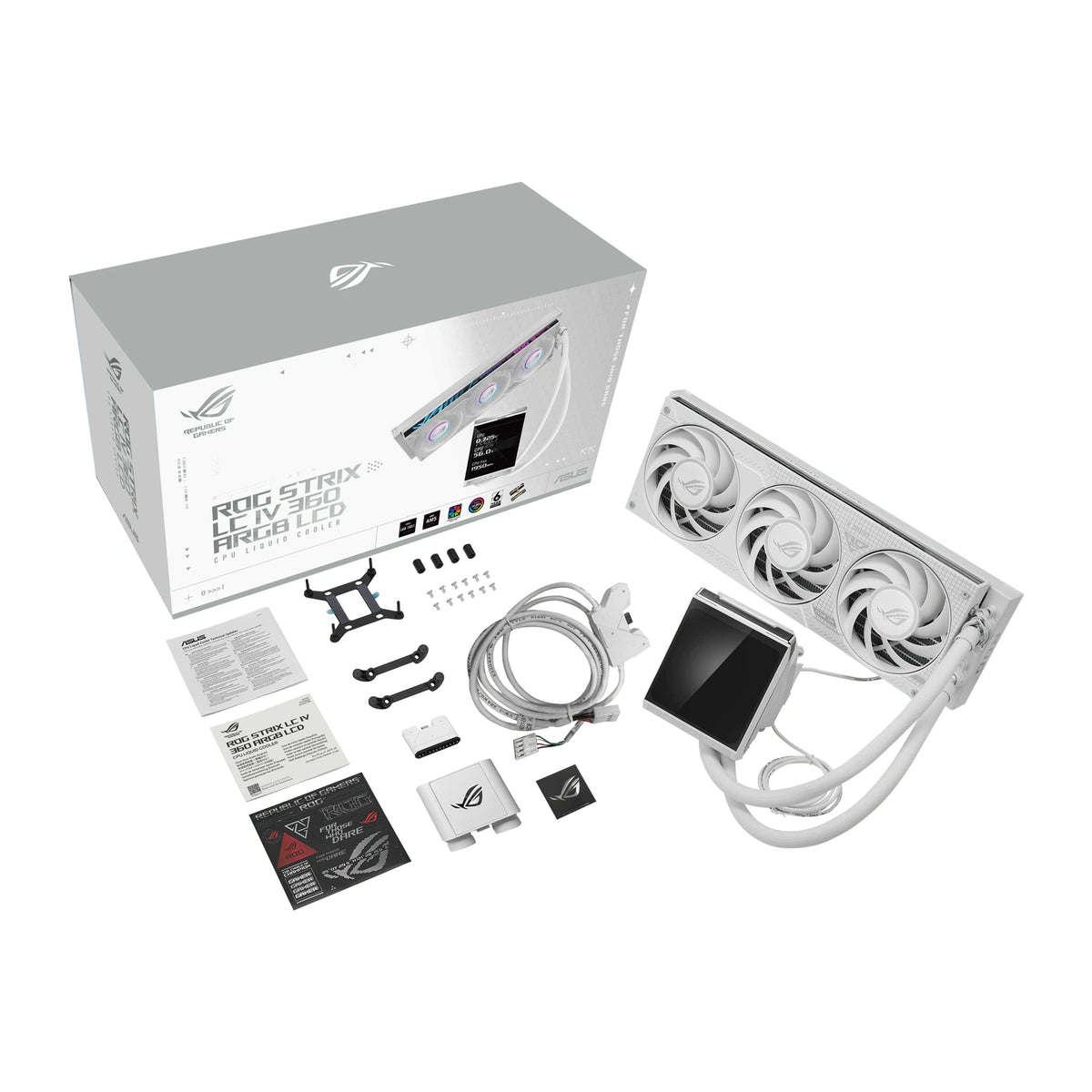 ASUS ROG Strix LC IV 360 ARGB LCD Blanc — contenu et accessoires du watercooling AIO sur fond blanc carré — réf. 90RC01M2-B0EAY0