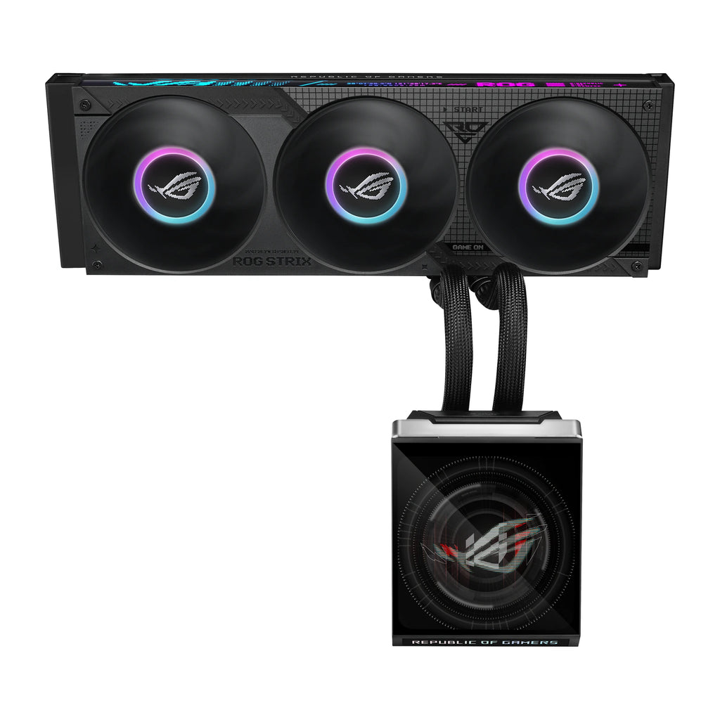 ASUS ROG Strix SLC IV 360 ARGB LCD Noir — vue de l’écran du watercooling AIO sur fond blanc carré — réf. 90RC01S1-B0EAY0