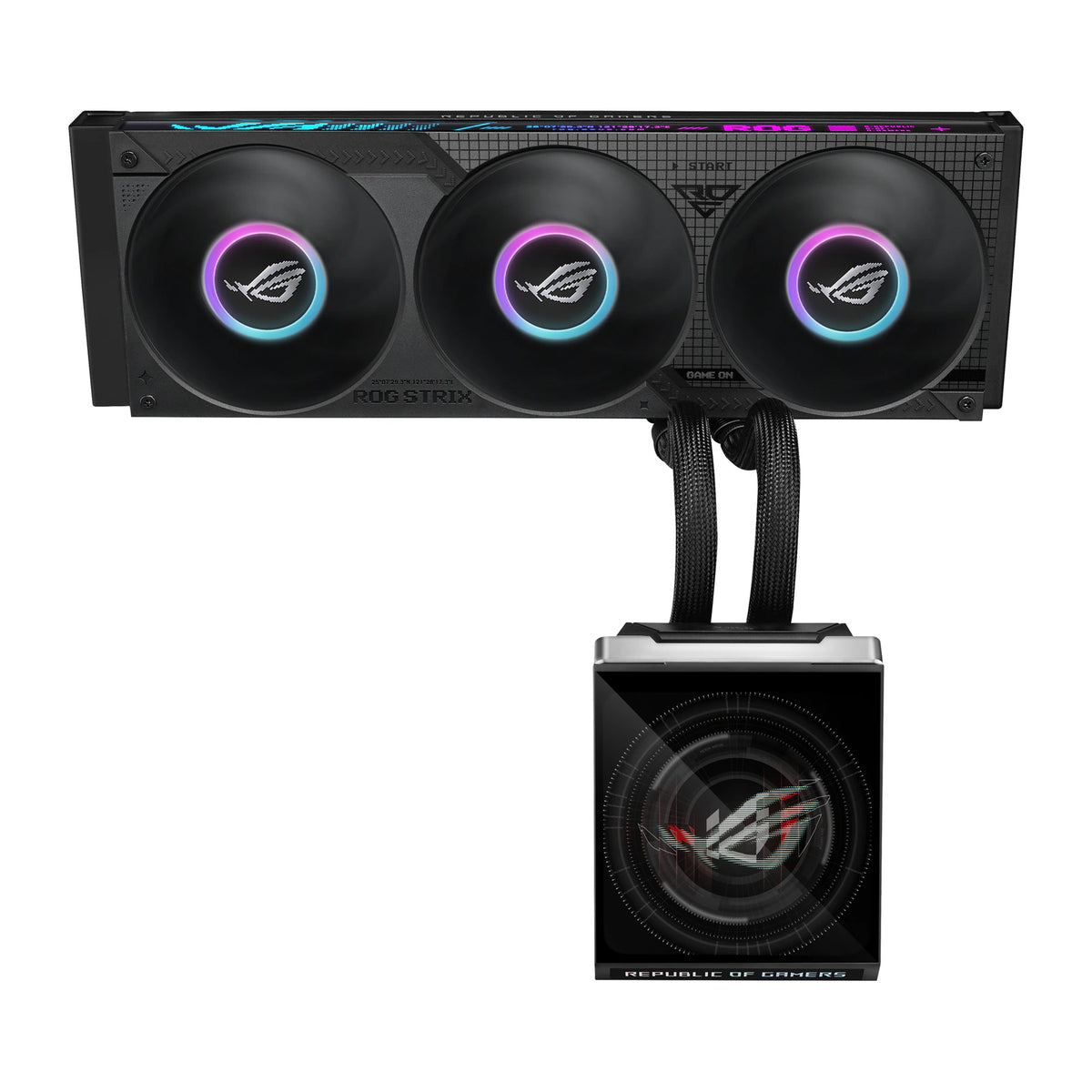 ASUS ROG Strix SLC IV 360 ARGB LCD Noir — vue de l’écran du watercooling AIO sur fond blanc carré — réf. 90RC01S1-B0EAY0