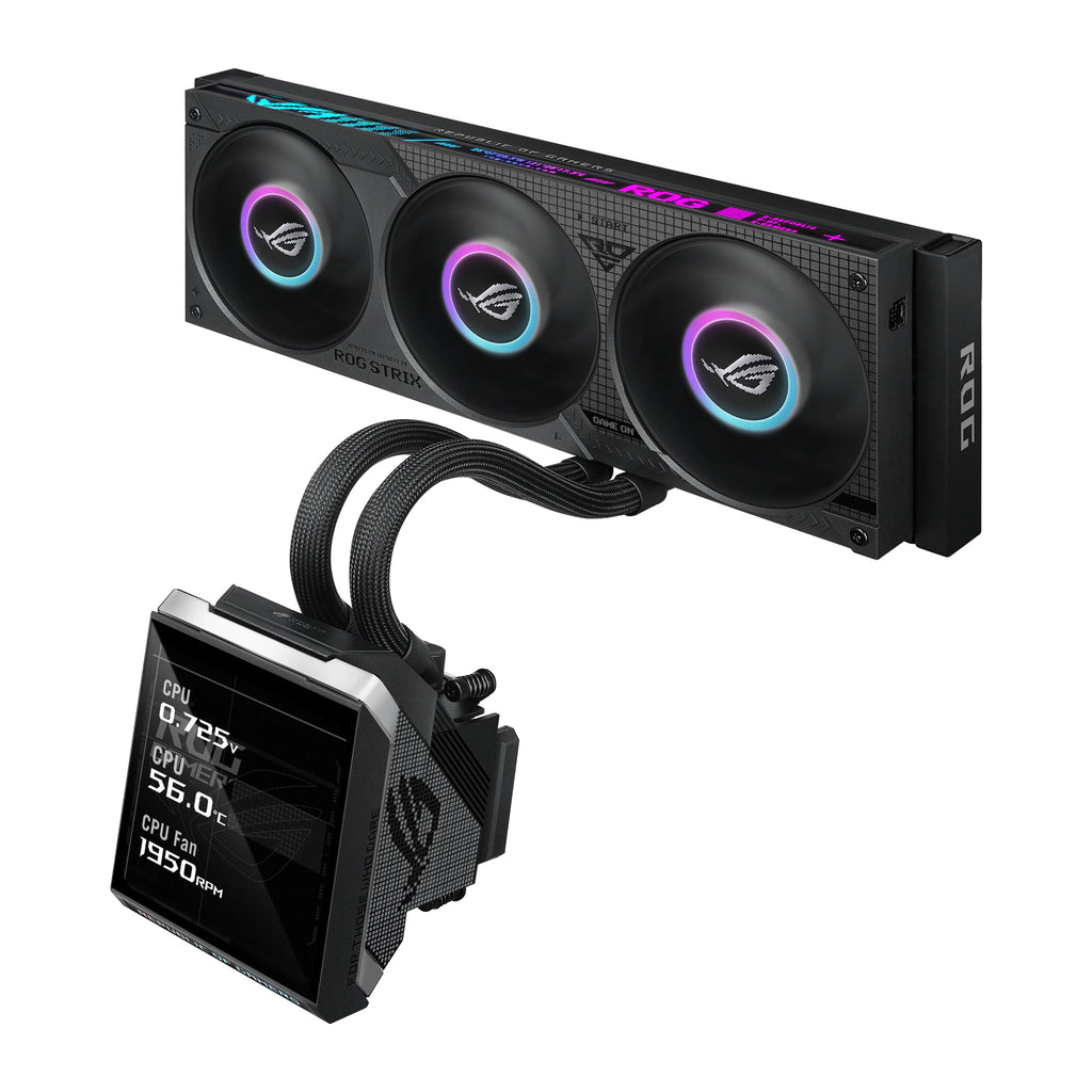 ASUS ROG Strix SLC IV 360 ARGB LCD Noir — vue de l’écran 3 du watercooling AIO sur fond blanc carré — réf. 90RC01S1-B0EAY0