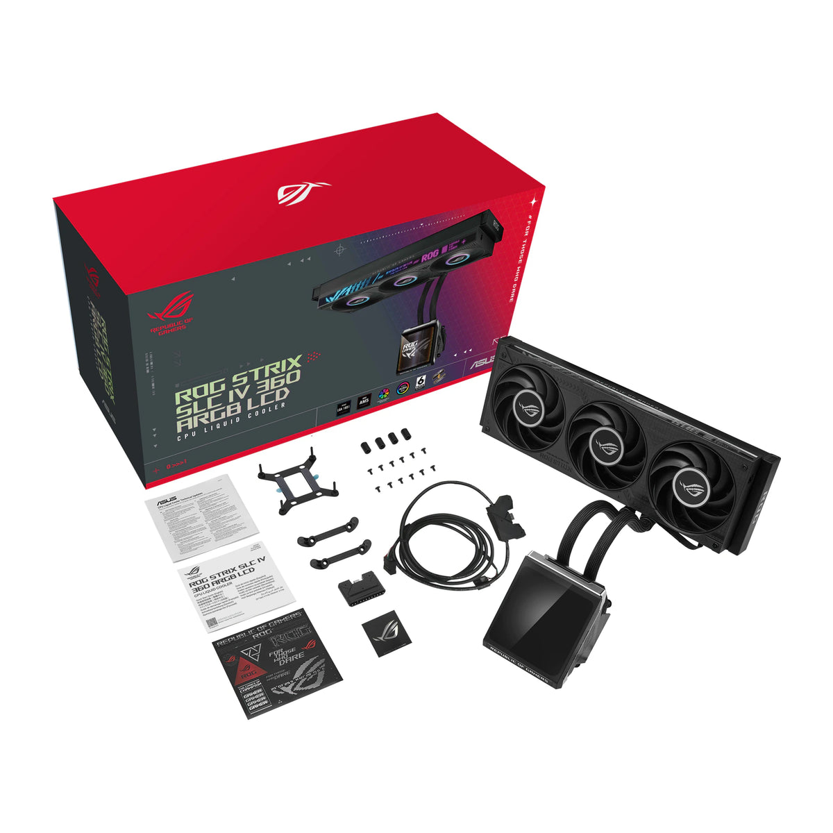 ASUS ROG Strix SLC IV 360 ARGB LCD Noir — vue de l’écran 16 du watercooling AIO sur fond blanc carré — réf. 90RC01S1-B0EAY0