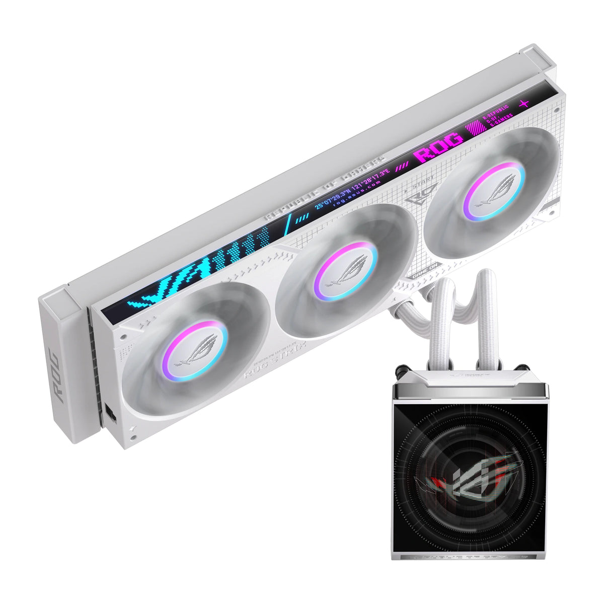 ASUS ROG Strix SLC IV 360 ARGB LCD Blanc — vue principale du watercooling AIO sur fond blanc carré — réf. 90RC01S2-B0EAY0