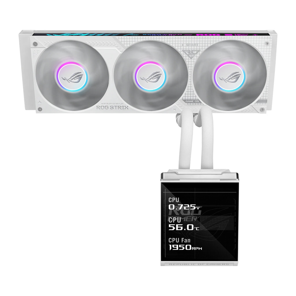 ASUS ROG Strix SLC IV 360 ARGB LCD Blanc — vue de l’écran du watercooling AIO sur fond blanc carré — réf. 90RC01S2-B0EAY0