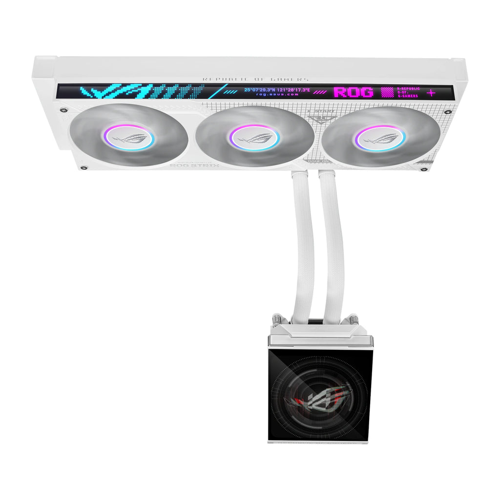 ASUS ROG Strix SLC IV 360 ARGB LCD Blanc — vue de l’écran 2 du watercooling AIO sur fond blanc carré — réf. 90RC01S2-B0EAY0