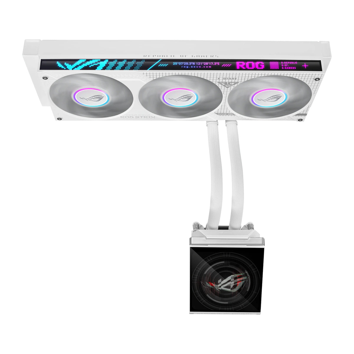 ASUS ROG Strix SLC IV 360 ARGB LCD Blanc — vue de l’écran 2 du watercooling AIO sur fond blanc carré — réf. 90RC01S2-B0EAY0