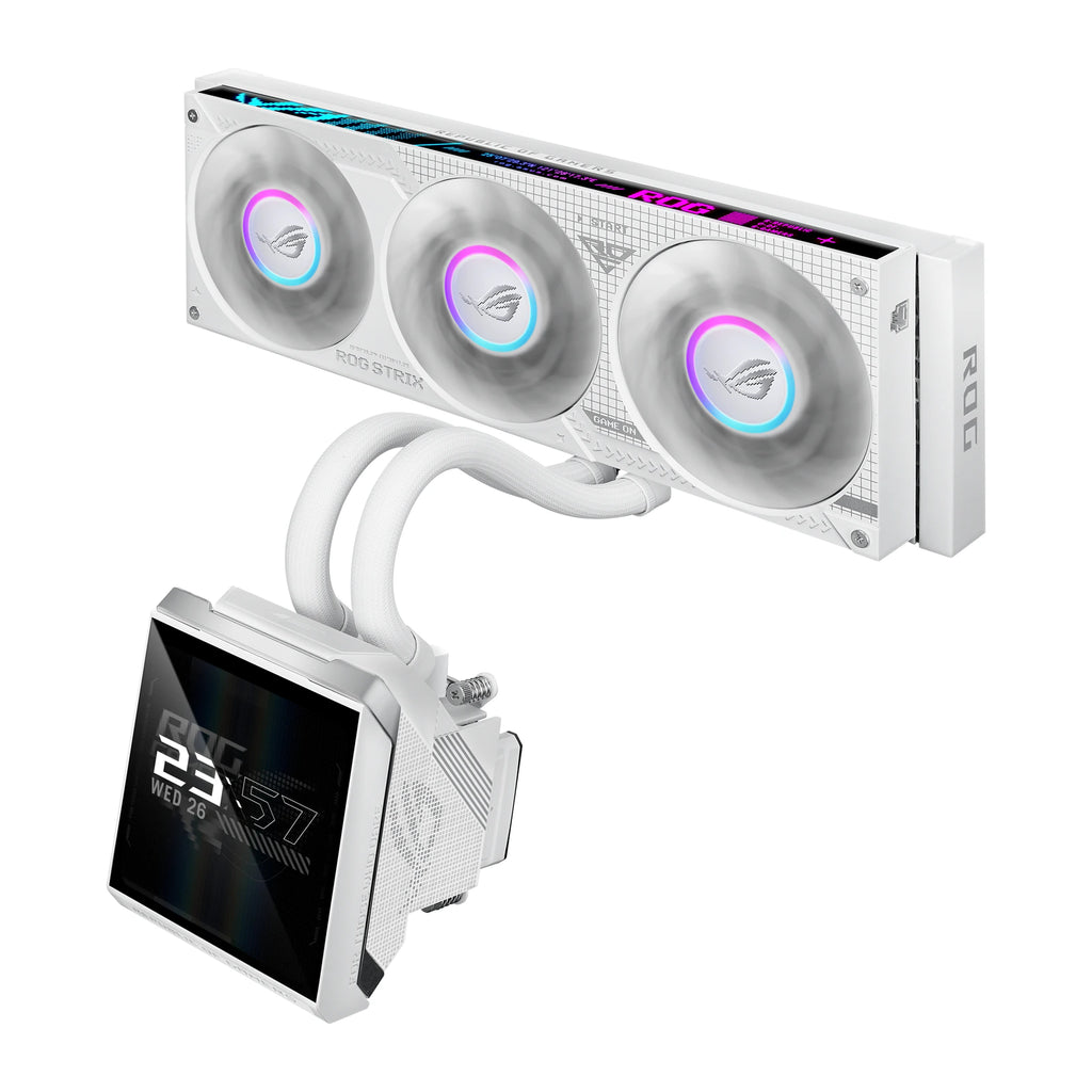 ASUS ROG Strix SLC IV 360 ARGB LCD Blanc — vue de l’écran 3 du watercooling AIO sur fond blanc carré — réf. 90RC01S2-B0EAY0