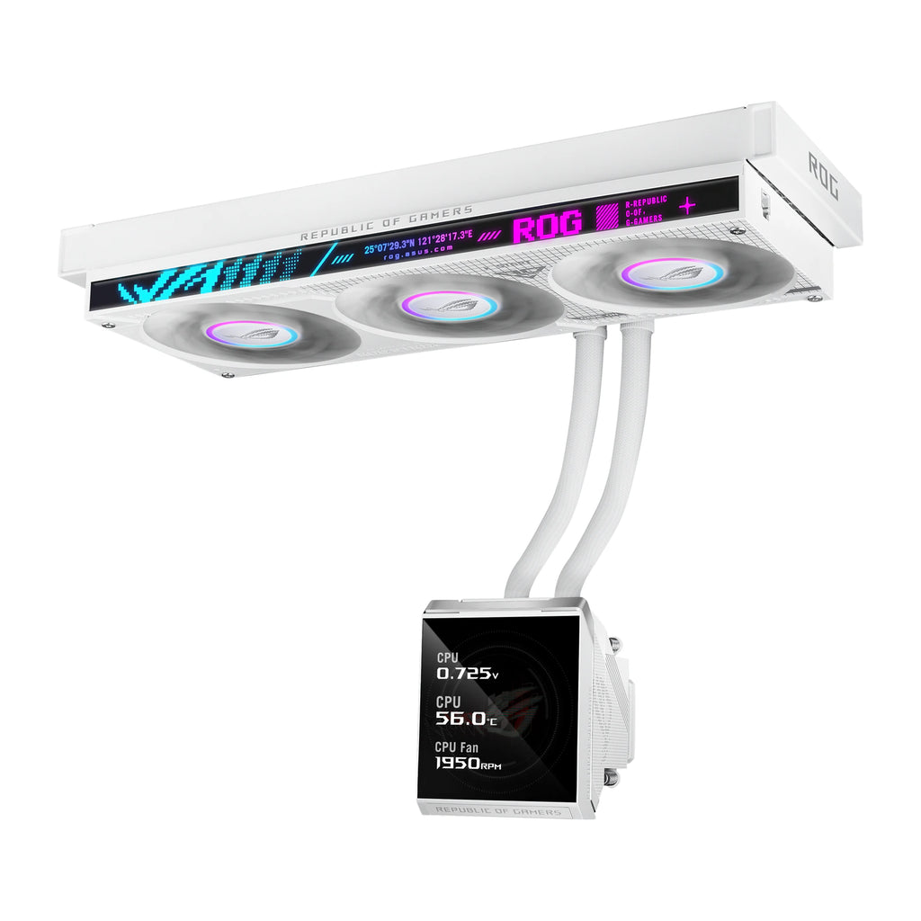 ASUS ROG Strix SLC IV 360 ARGB LCD Blanc — vue de l’écran 4 du watercooling AIO sur fond blanc carré — réf. 90RC01S2-B0EAY0