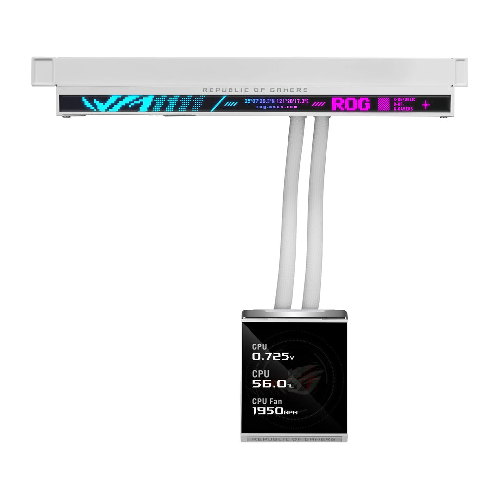 ASUS ROG Strix SLC IV 360 ARGB LCD Blanc — vue de l’écran 5 du watercooling AIO sur fond blanc carré — réf. 90RC01S2-B0EAY0