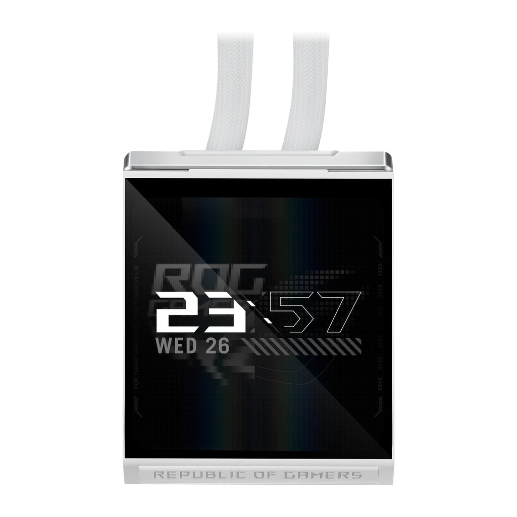 ASUS ROG Strix SLC IV 360 ARGB LCD Blanc — vue de l’écran 6 du watercooling AIO sur fond blanc carré — réf. 90RC01S2-B0EAY0