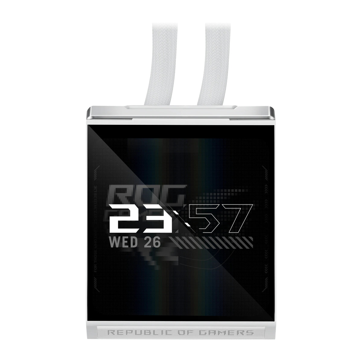 ASUS ROG Strix SLC IV 360 ARGB LCD Blanc — vue de l’écran 6 du watercooling AIO sur fond blanc carré — réf. 90RC01S2-B0EAY0