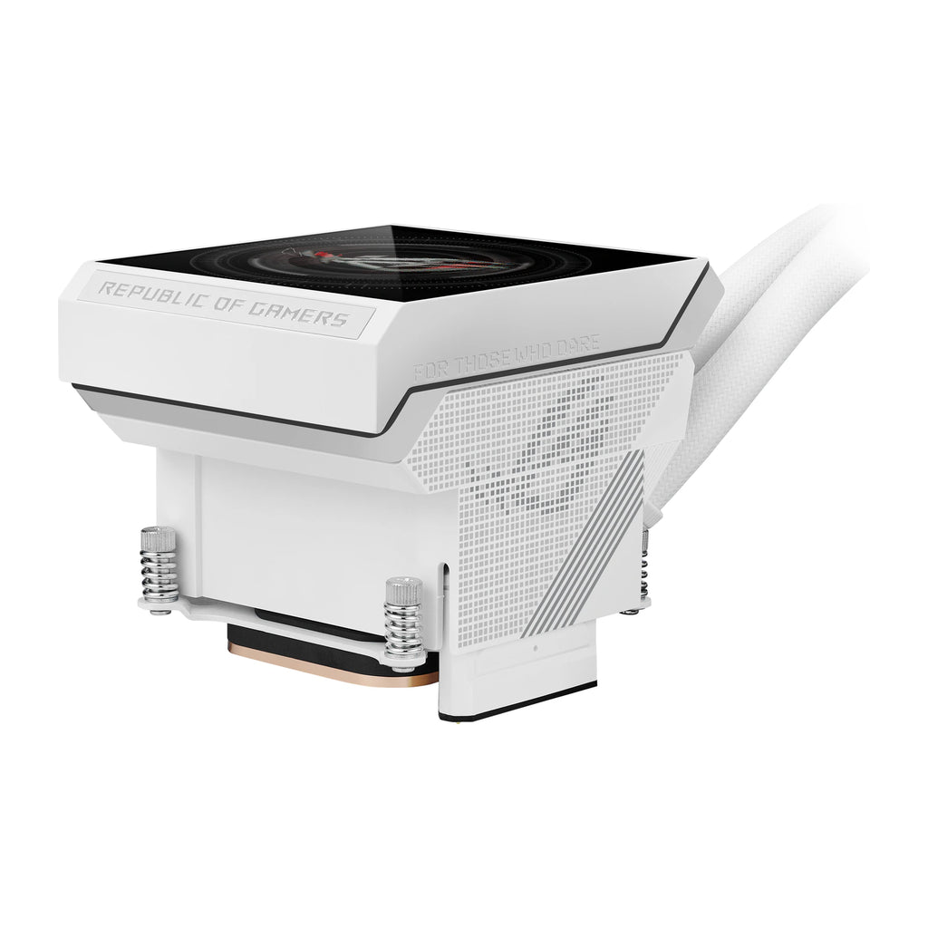 ASUS ROG Strix SLC IV 360 ARGB LCD Blanc — vue de l’écran 7 du watercooling AIO sur fond blanc carré — réf. 90RC01S2-B0EAY0