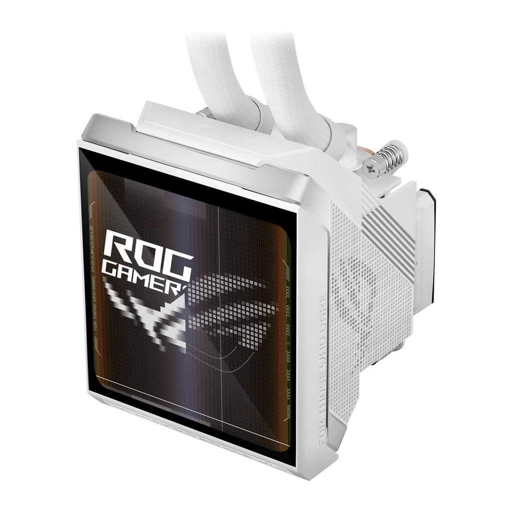 ASUS ROG Strix SLC IV 360 ARGB LCD Blanc — vue de l’écran 8 du watercooling AIO sur fond blanc carré — réf. 90RC01S2-B0EAY0