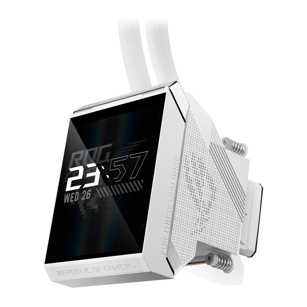 ASUS ROG Strix SLC IV 360 ARGB LCD Blanc — vue latérale de la pompe du watercooling AIO sur fond blanc carré — réf. 90RC01S2-B0EAY0