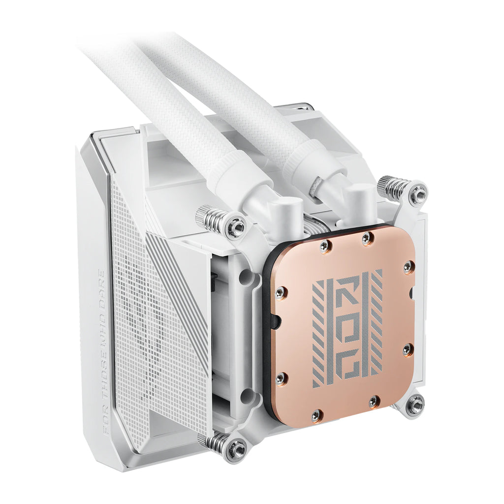 ASUS ROG Strix SLC IV 360 ARGB LCD Blanc — vue latérale de la pompe 2 du watercooling AIO sur fond blanc carré — réf. 90RC01S2-B0EAY0