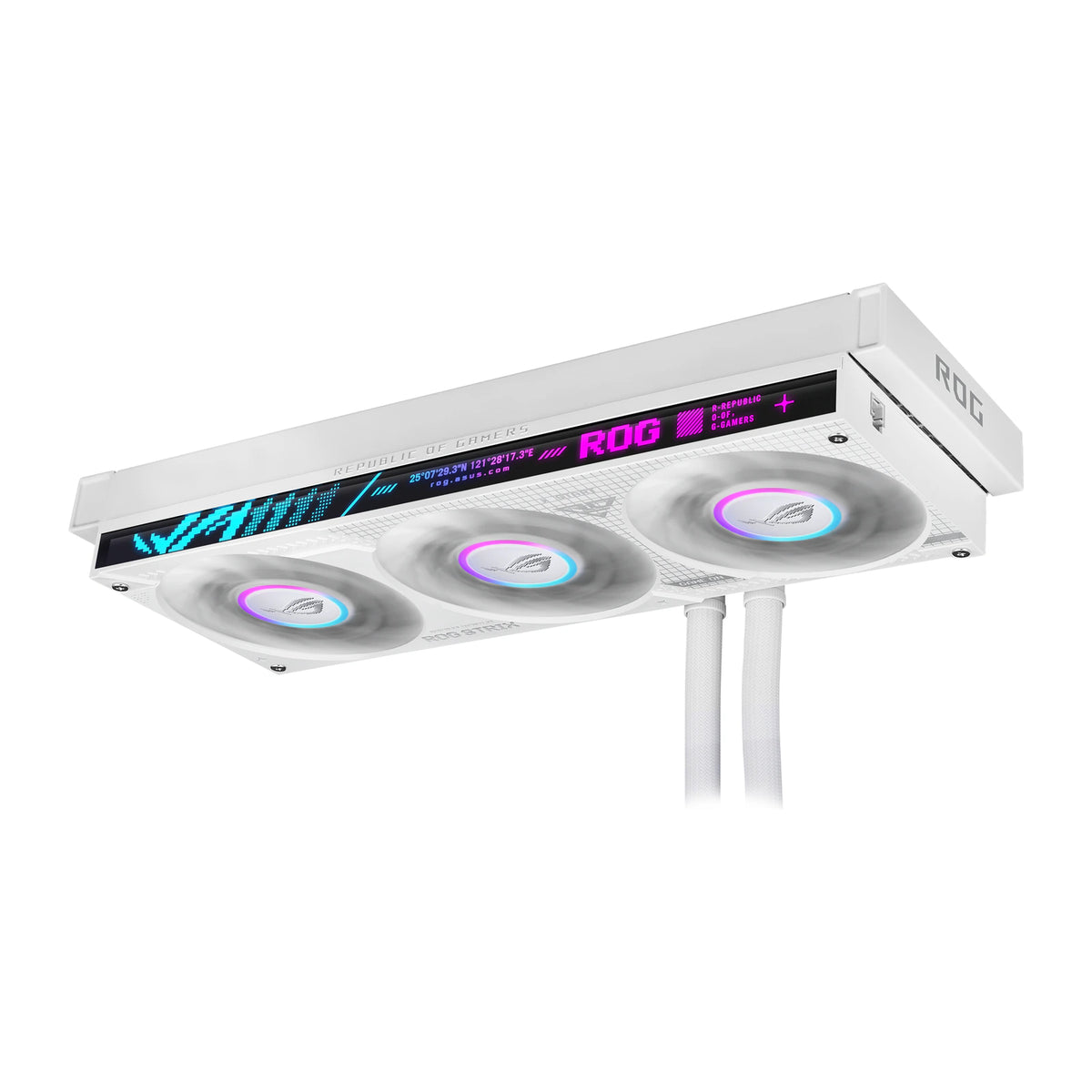 ASUS ROG Strix SLC IV 360 ARGB LCD Blanc — vue de l’écran 14 du watercooling AIO sur fond blanc carré — réf. 90RC01S2-B0EAY0
