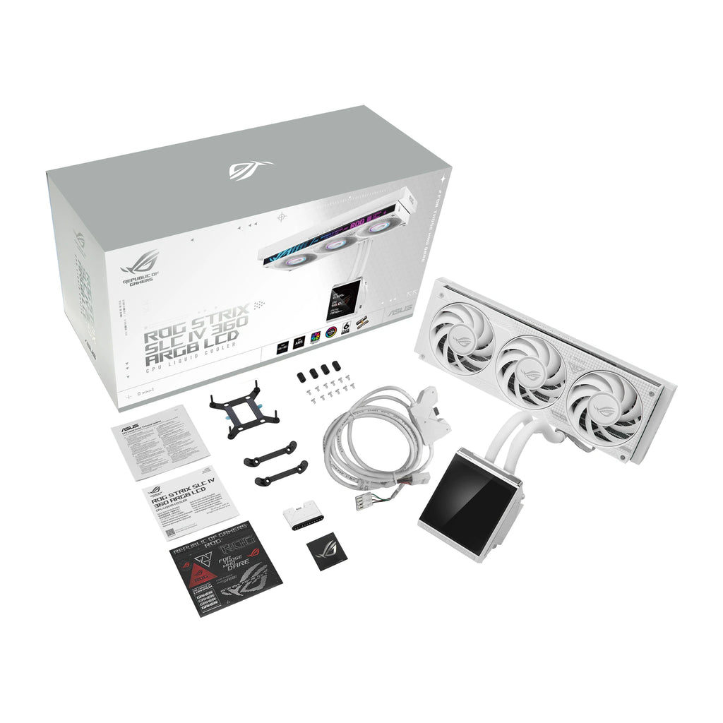 ASUS ROG Strix SLC IV 360 ARGB LCD Blanc — vue de l’écran 15 du watercooling AIO sur fond blanc carré — réf. 90RC01S2-B0EAY0