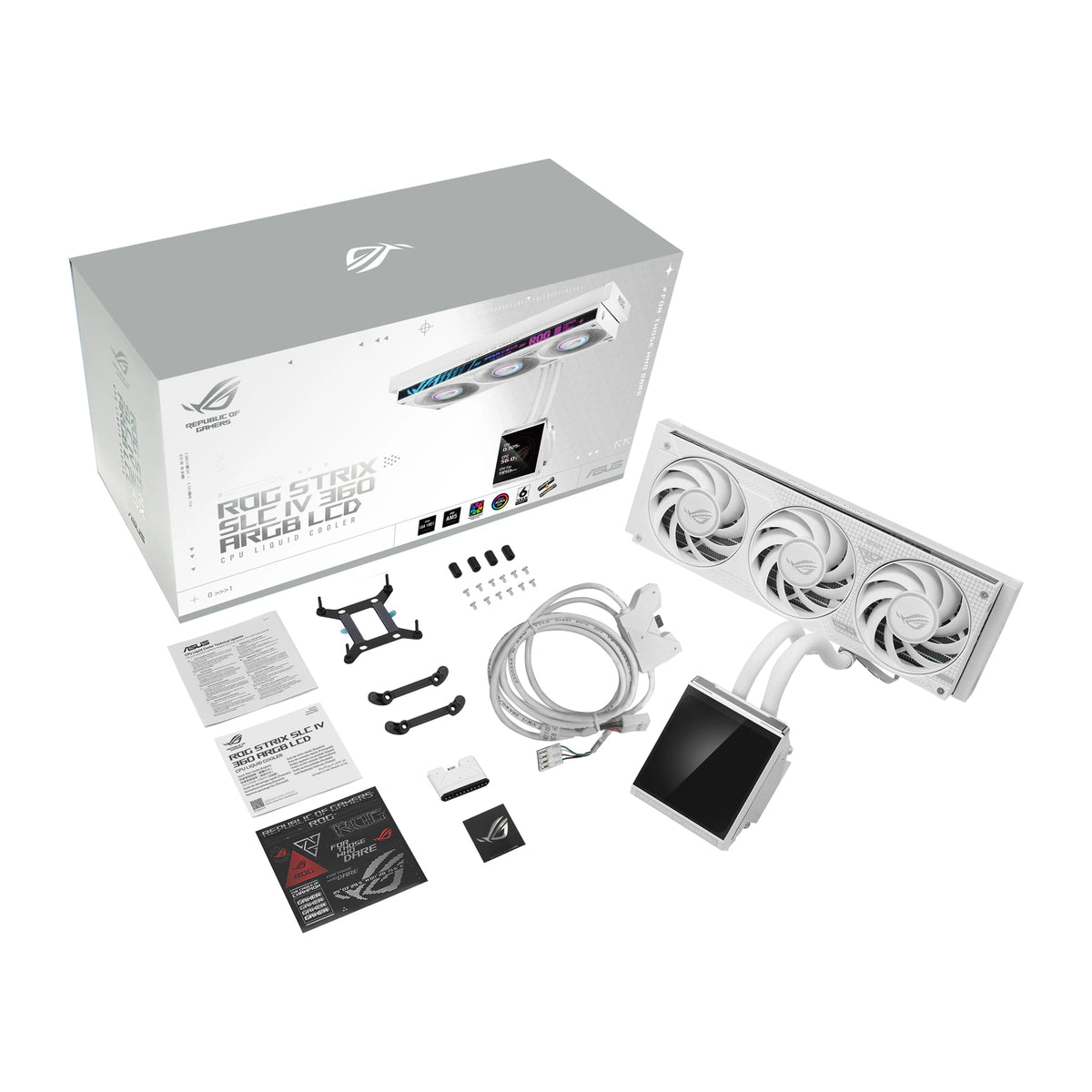 ASUS ROG Strix SLC IV 360 ARGB LCD Blanc — vue de l’écran 15 du watercooling AIO sur fond blanc carré — réf. 90RC01S2-B0EAY0