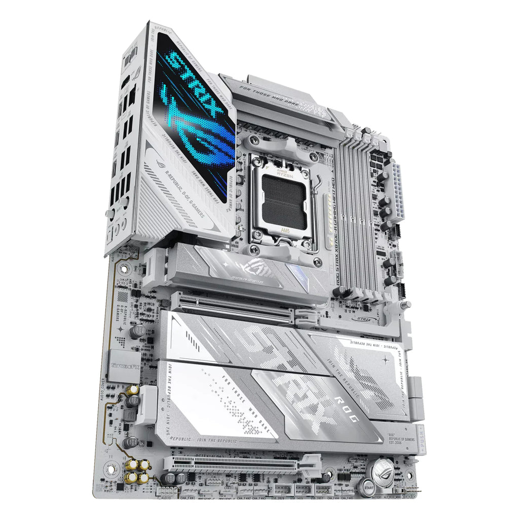 ASUS ROG STRIX X870E-A GAMING WIFI7 NEO — vue en perspective à 45 degrés sur fond blanc carré — réf. 90MB1P30-M0EAY0