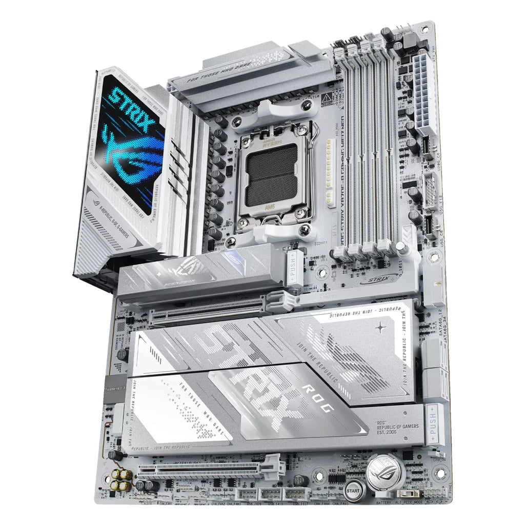 ASUS ROG STRIX X870E-A GAMING WIFI7 NEO — vue en perspective à 45 degrés sur fond blanc carré — réf. 90MB1P30-M0EAY0