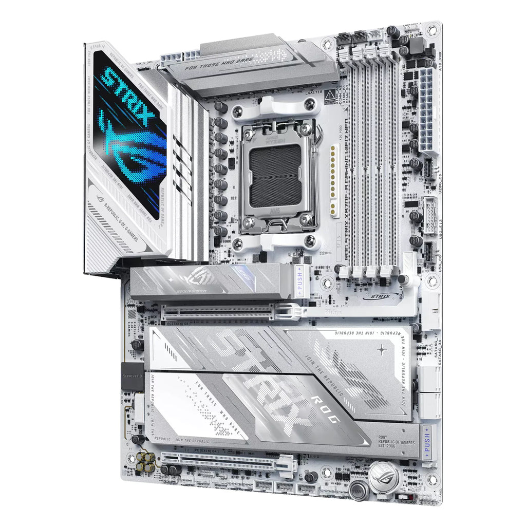 ASUS ROG STRIX X870E-A GAMING WIFI7 NEO — vue en perspective à 45 degrés sur fond blanc carré — réf. 90MB1P30-M0EAY0