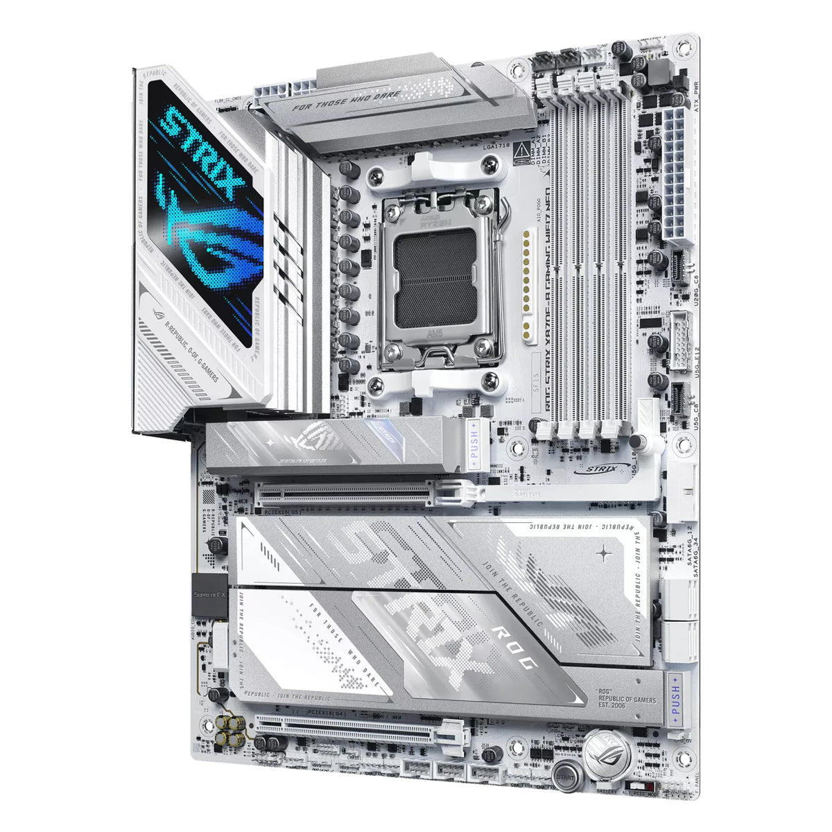 ASUS ROG STRIX X870E-A GAMING WIFI7 NEO — vue en perspective à 45 degrés sur fond blanc carré — réf. 90MB1P30-M0EAY0