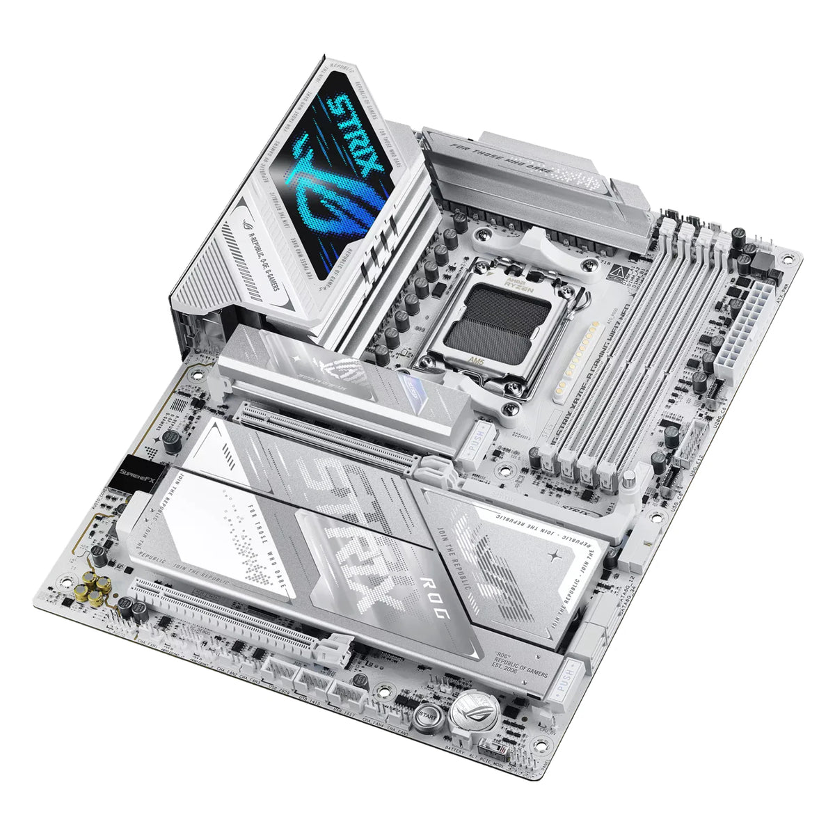 ASUS ROG STRIX X870E-A GAMING WIFI7 NEO — vue en perspective à 45 degrés sur fond blanc carré — réf. 90MB1P30-M0EAY0