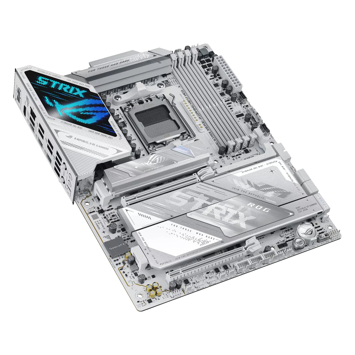 ASUS ROG STRIX X870E-A GAMING WIFI7 NEO — vue en perspective à 45 degrés sur fond blanc carré — réf. 90MB1P30-M0EAY0