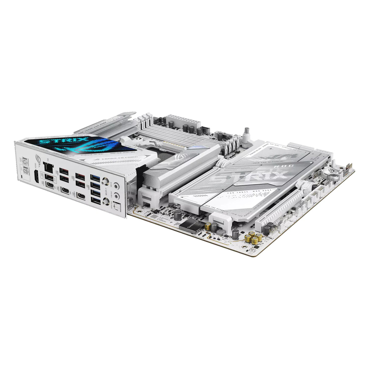 ASUS ROG STRIX X870E-A GAMING WIFI7 NEO — vue arrière sur fond blanc carré — réf. 90MB1P30-M0EAY0