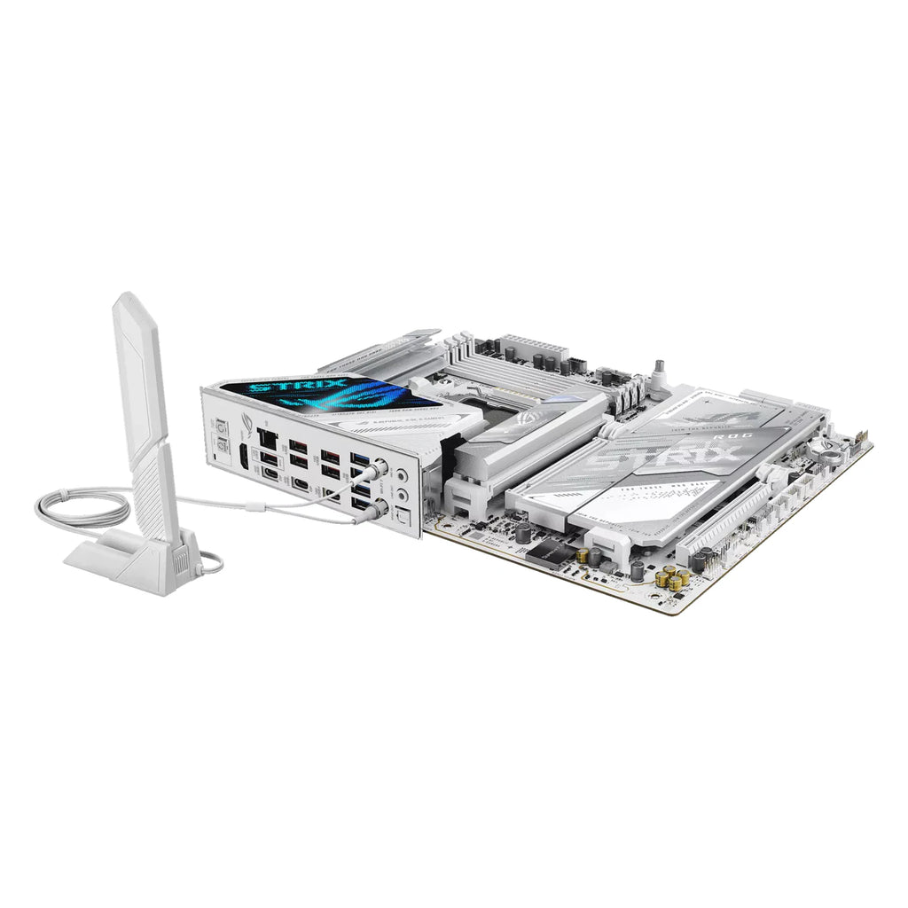 ASUS ROG STRIX X870E-A GAMING WIFI7 NEO — vue avec antenne Wi-Fi sur fond blanc carré — réf. 90MB1P30-M0EAY0