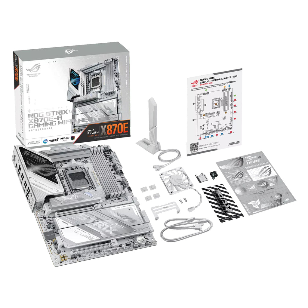 ASUS ROG STRIX X870E-A GAMING WIFI7 NEO — vue avec emballage sur fond blanc carré — réf. 90MB1P30-M0EAY0