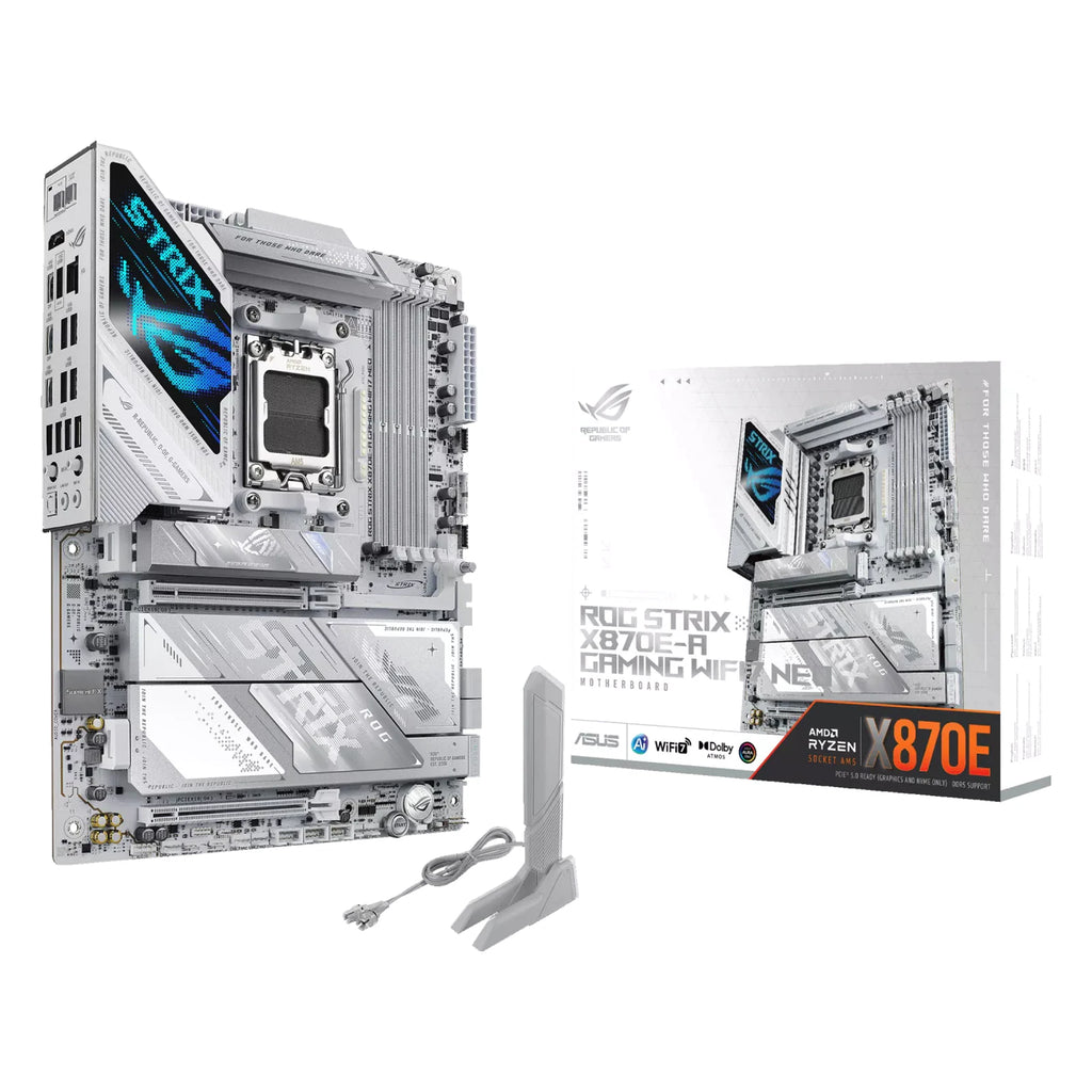 ASUS ROG STRIX X870E-A GAMING WIFI7 NEO — vue avec emballage sur fond blanc carré — réf. 90MB1P30-M0EAY0