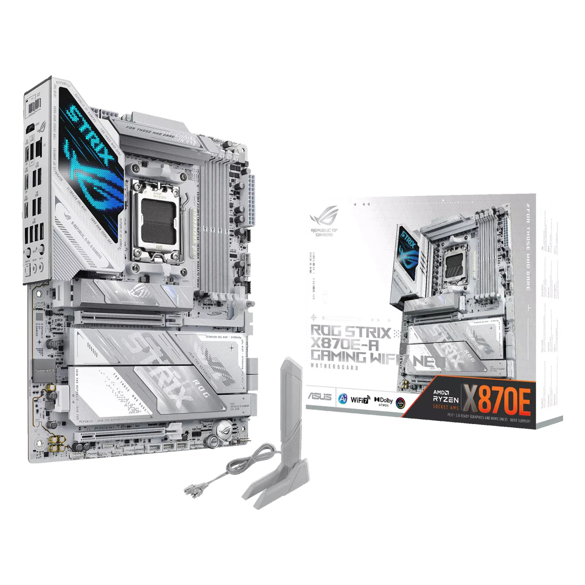 ASUS ROG STRIX X870E-A GAMING WIFI7 NEO — vue avec emballage sur fond blanc carré — réf. 90MB1P30-M0EAY0