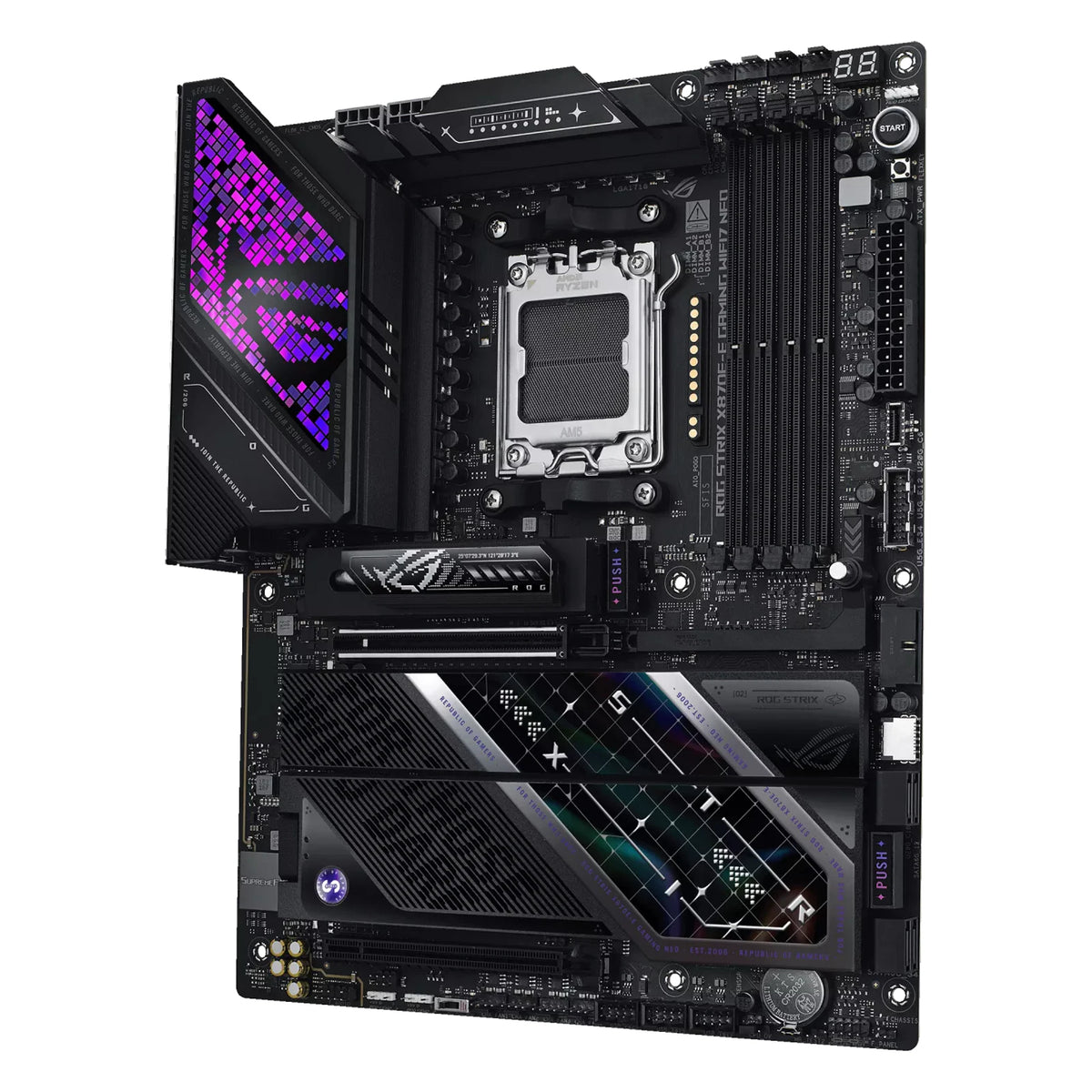 ASUS ROG STRIX X870E-E GAMING WIFI7 NEO — vue en perspective à 45 degrés sur fond blanc carré — réf. 90MB1P20-M0EAY0